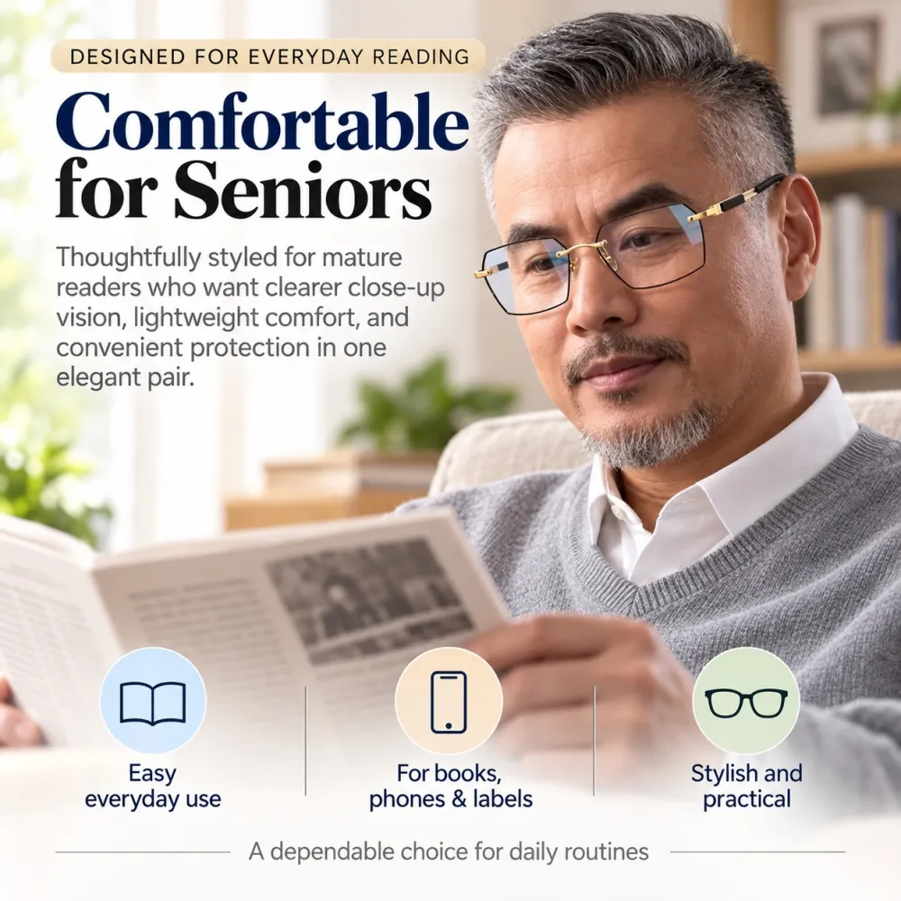 👓 Auto-Tint Senior Readers – BlueLight Blocking + UV Protection, Lightweight Metal Frame