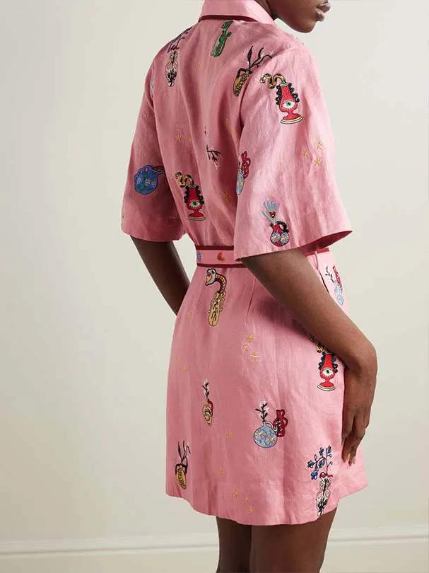 Casual Printed Shirt Collar Single Mini Dress