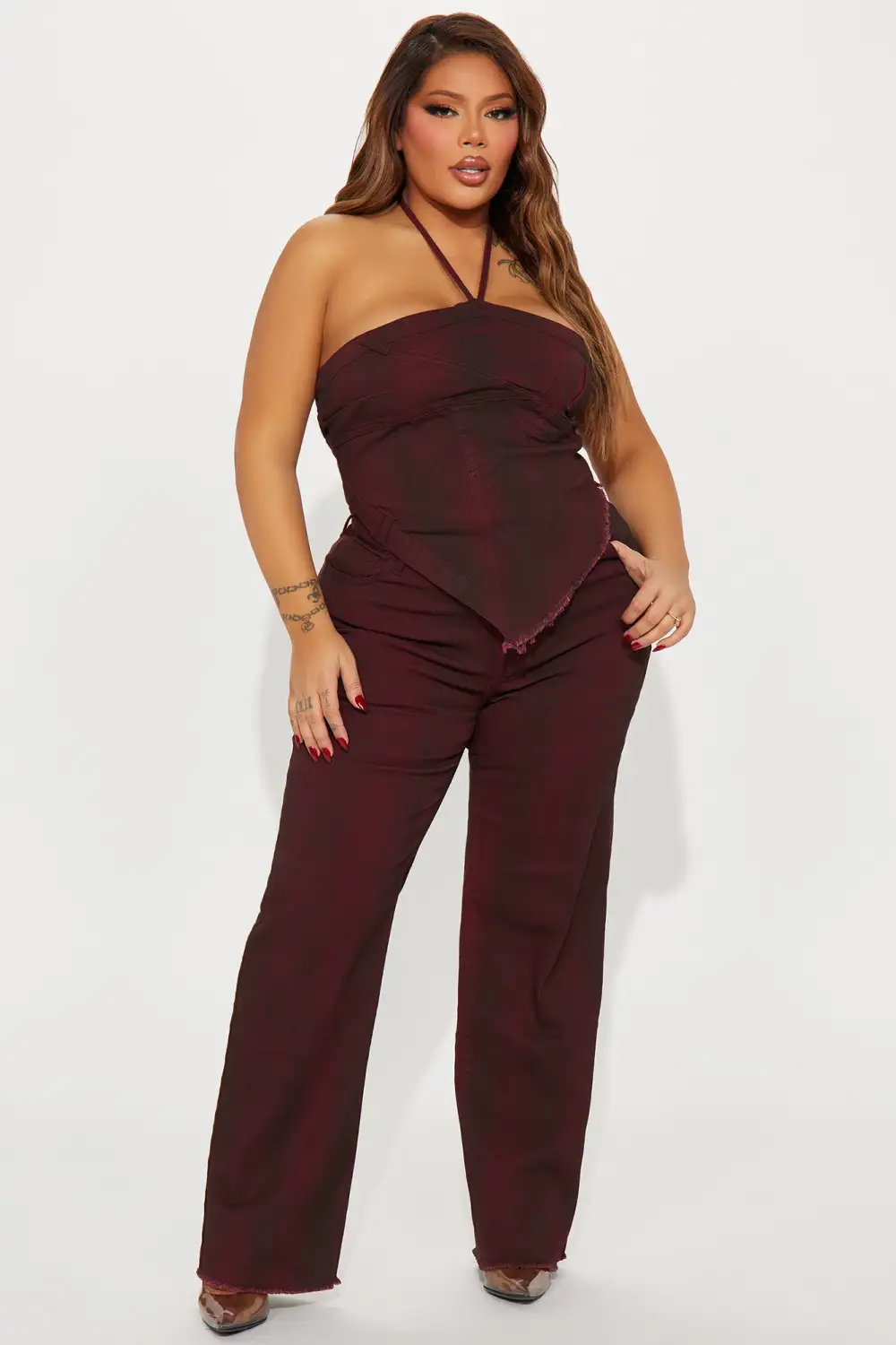 Next Level Washed Denim Pant Set - Wine