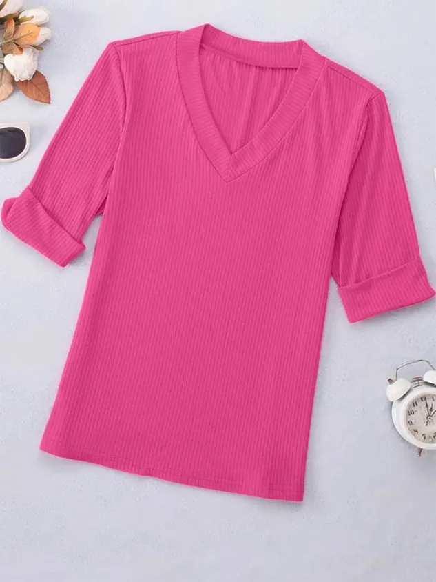 Dopamine Casual V Neck Knit Short Sleeve T-Shirt