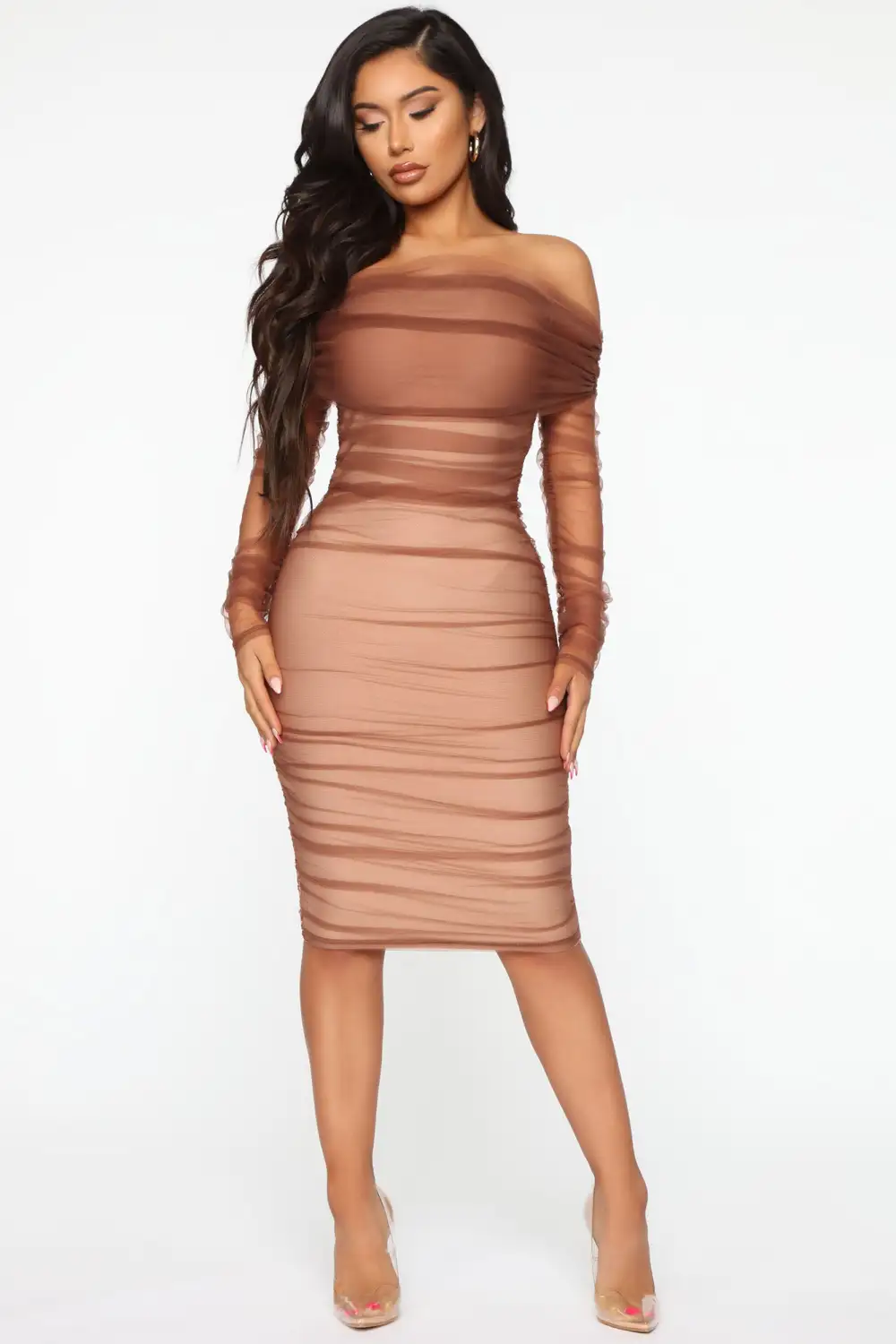 Ruched And Ready Bandage Midi Dress - Taupe