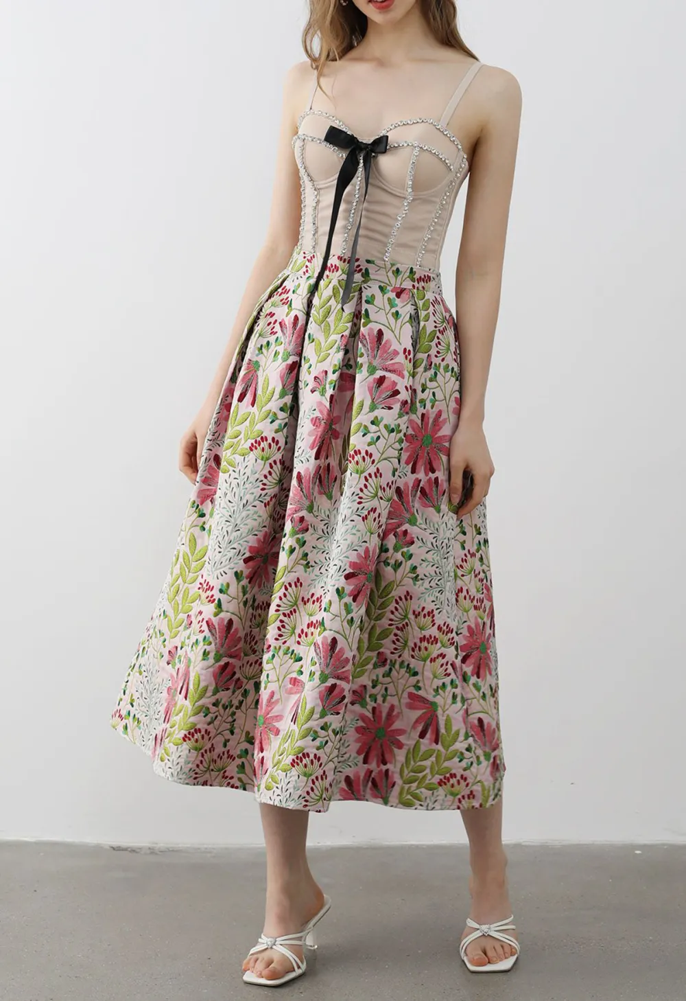 CHEERFUL DAISY FIELD JACQUARD PLEATED MIDI SKIRT