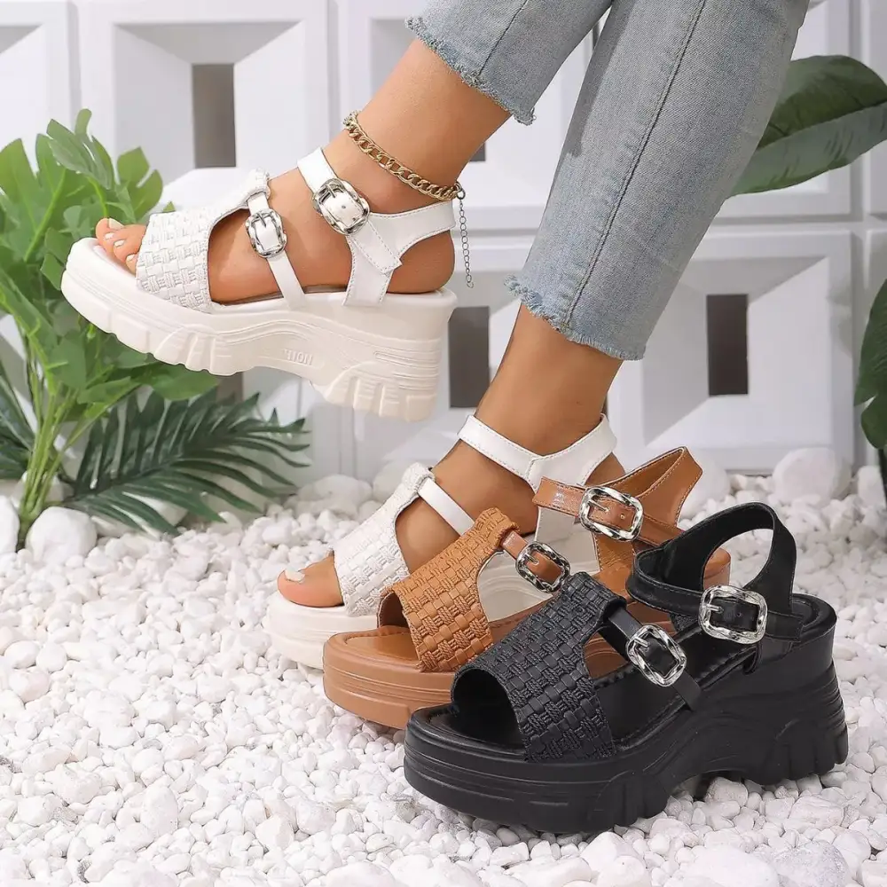 Buttoned Classic Open Toe Wedge Sandals