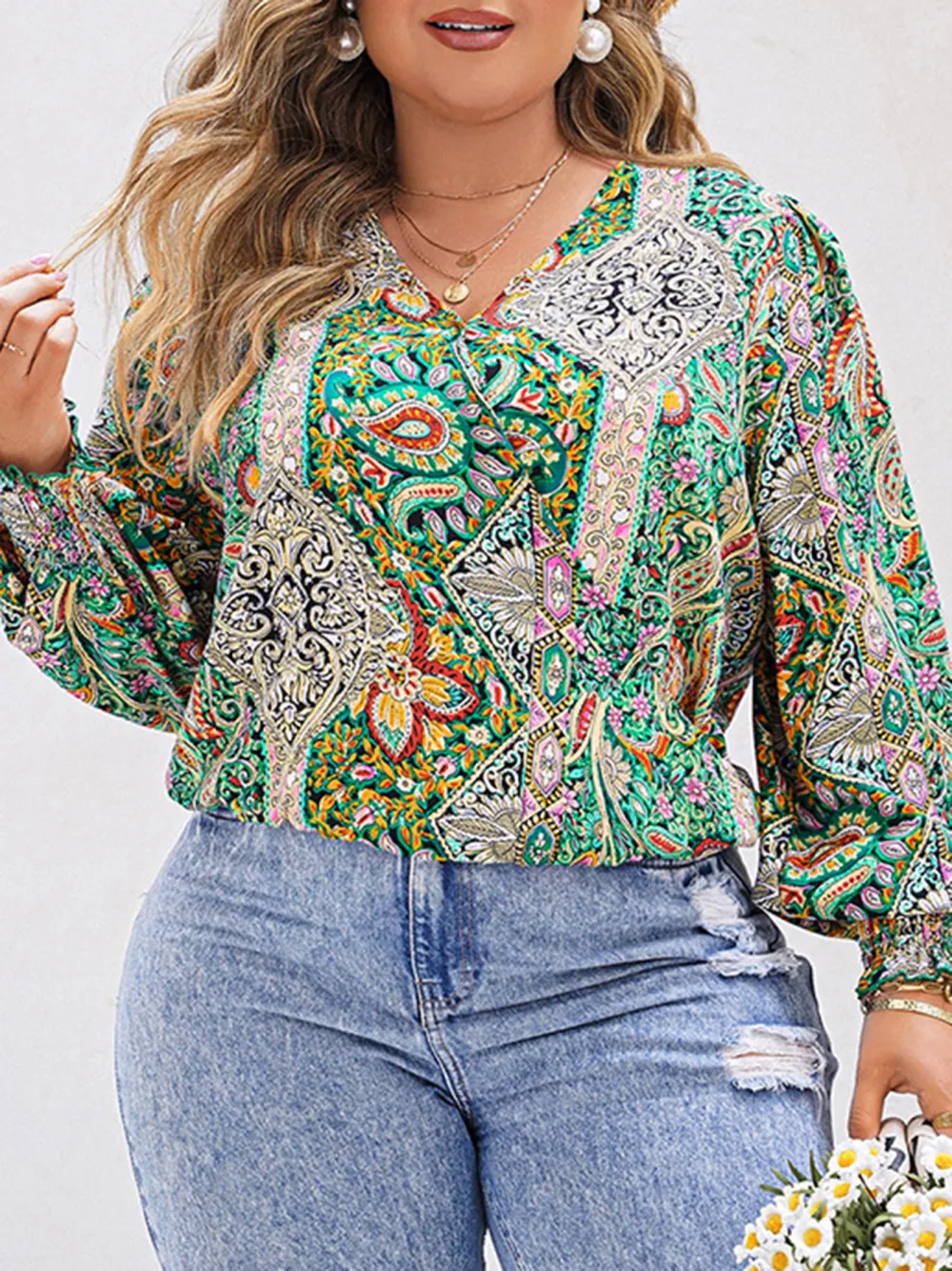 V Neck Long Sleeved Top With Bohemian Print