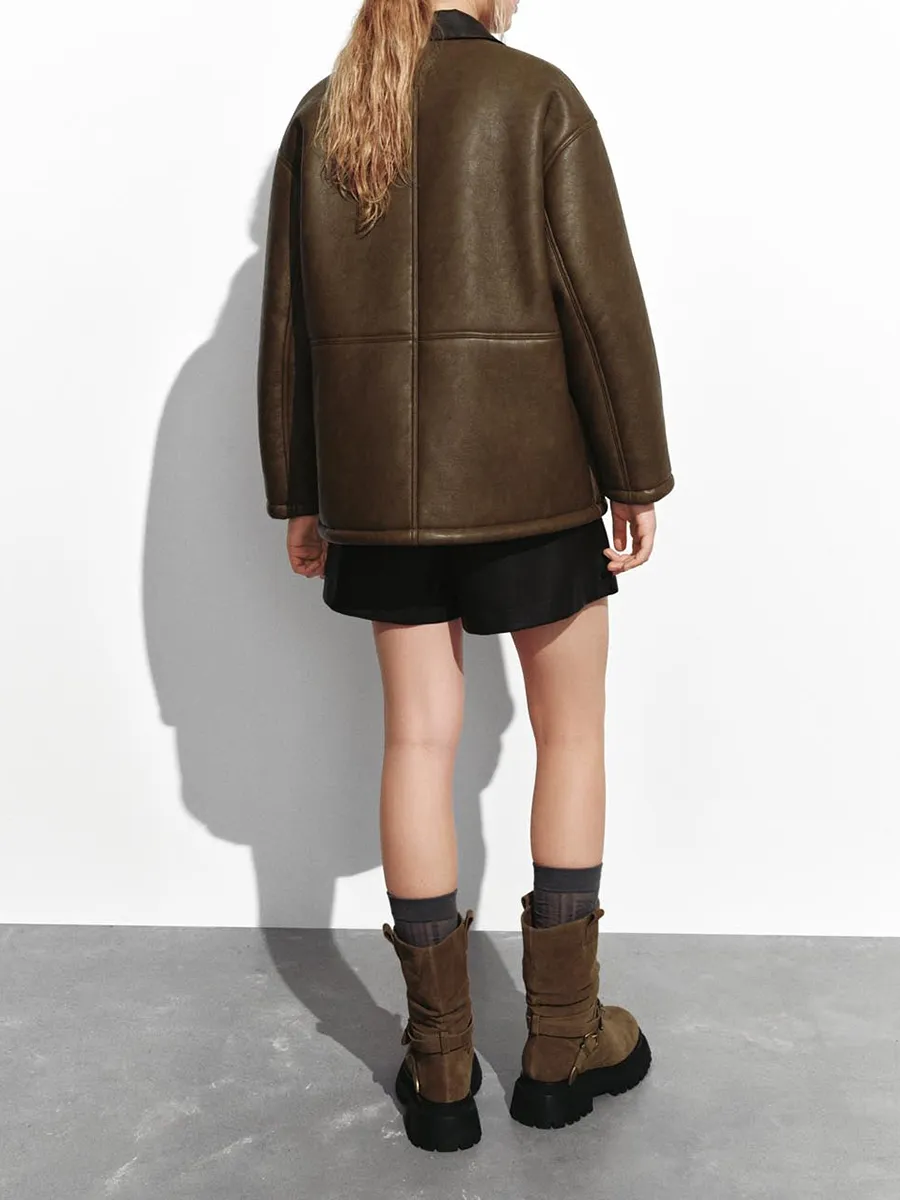 A Brown Lapel Retro-Style Leather Jacket For Ladies
