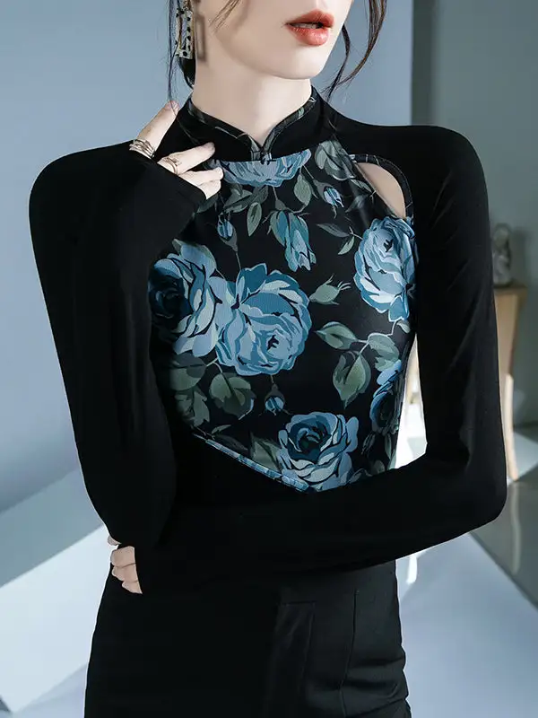 Long Sleeve Slim Fit Button Detail Floral Print Cutout Panel Detail Round Neck T-Shirt