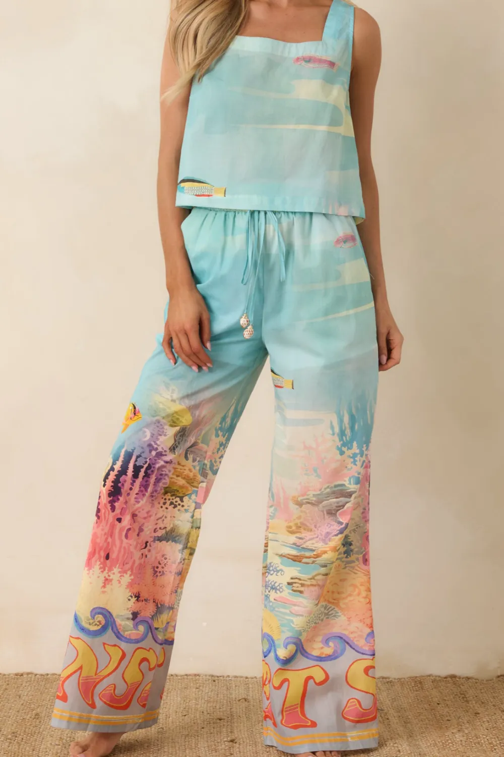 Multicolor Reef Print Cotton Pants