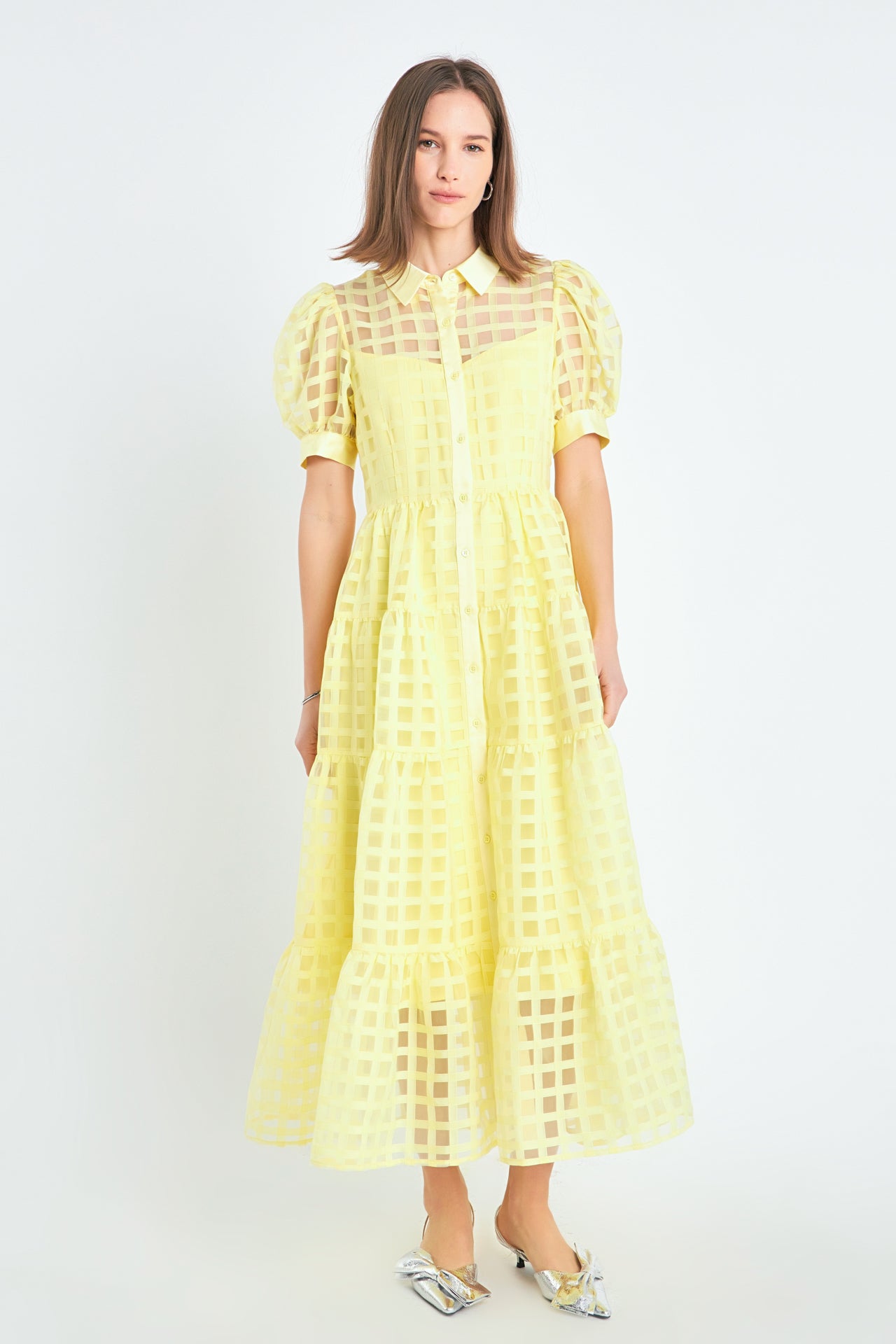 Gridded Organza Tiered Maxi Dress