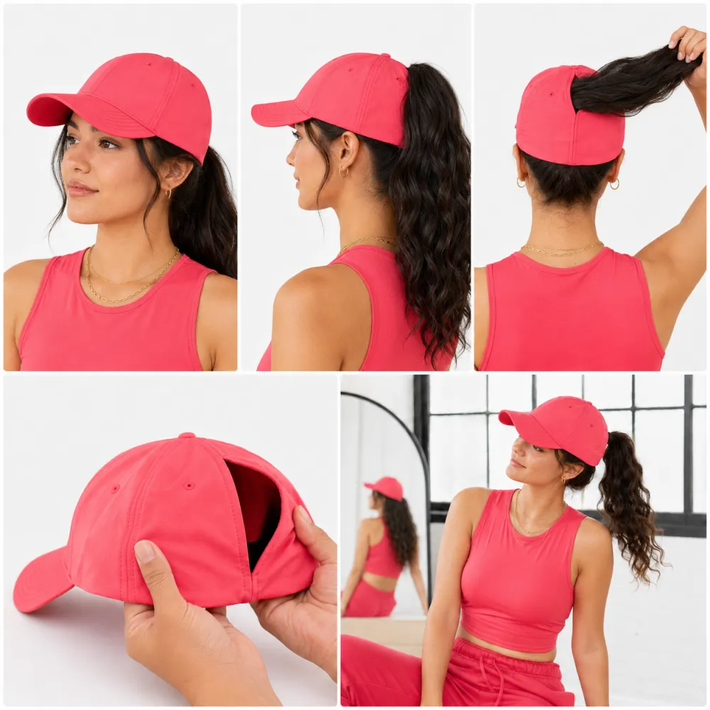 Magnetic self-closing cap for running, tennis, and golf; quick-drying cap for ponytails.