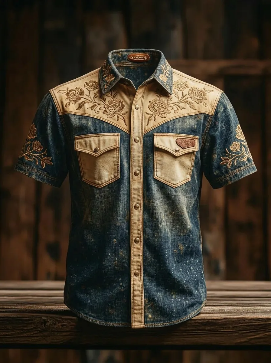 Men's Western Cowboy Floral Embroidered Denim Printed Shirt