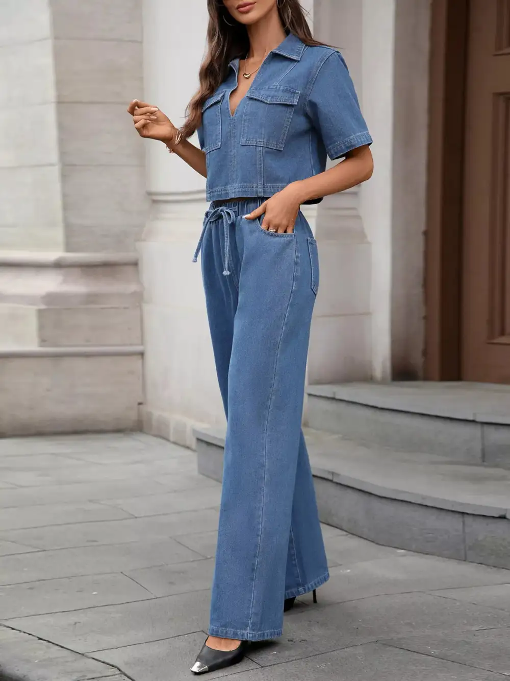 Denim Drawstring Jumpsuit