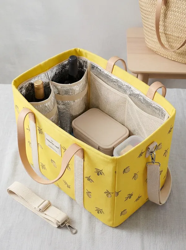 Picnic Lover Lemon Pattern Printed Insulated Tote Bag