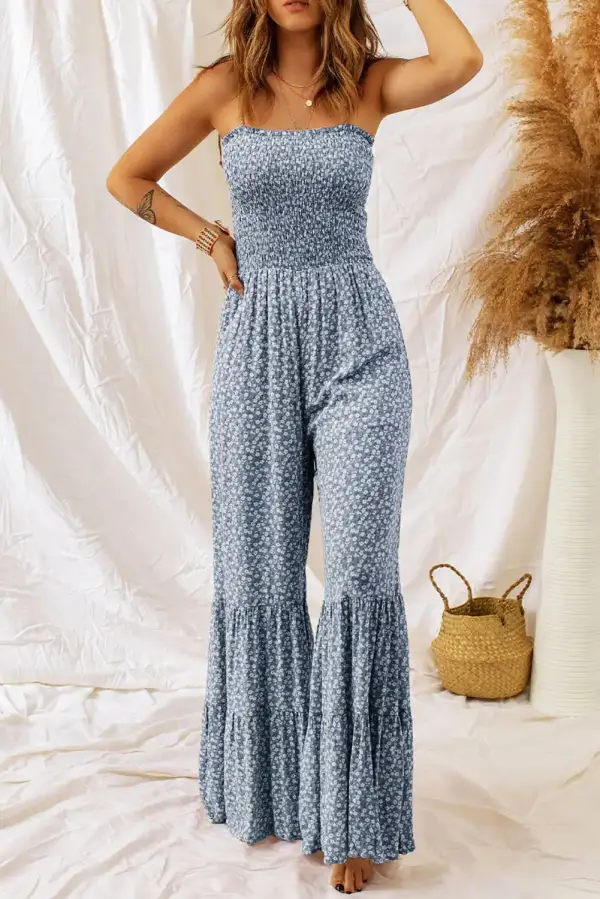 Smocked Wide Strap Printed Jumpsuit