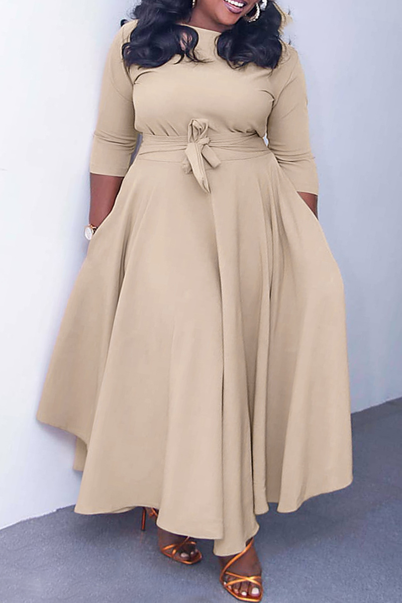 Elegant Solid Patchwork O Neck Waist Skirt Plus Size Dresses(With Belt)