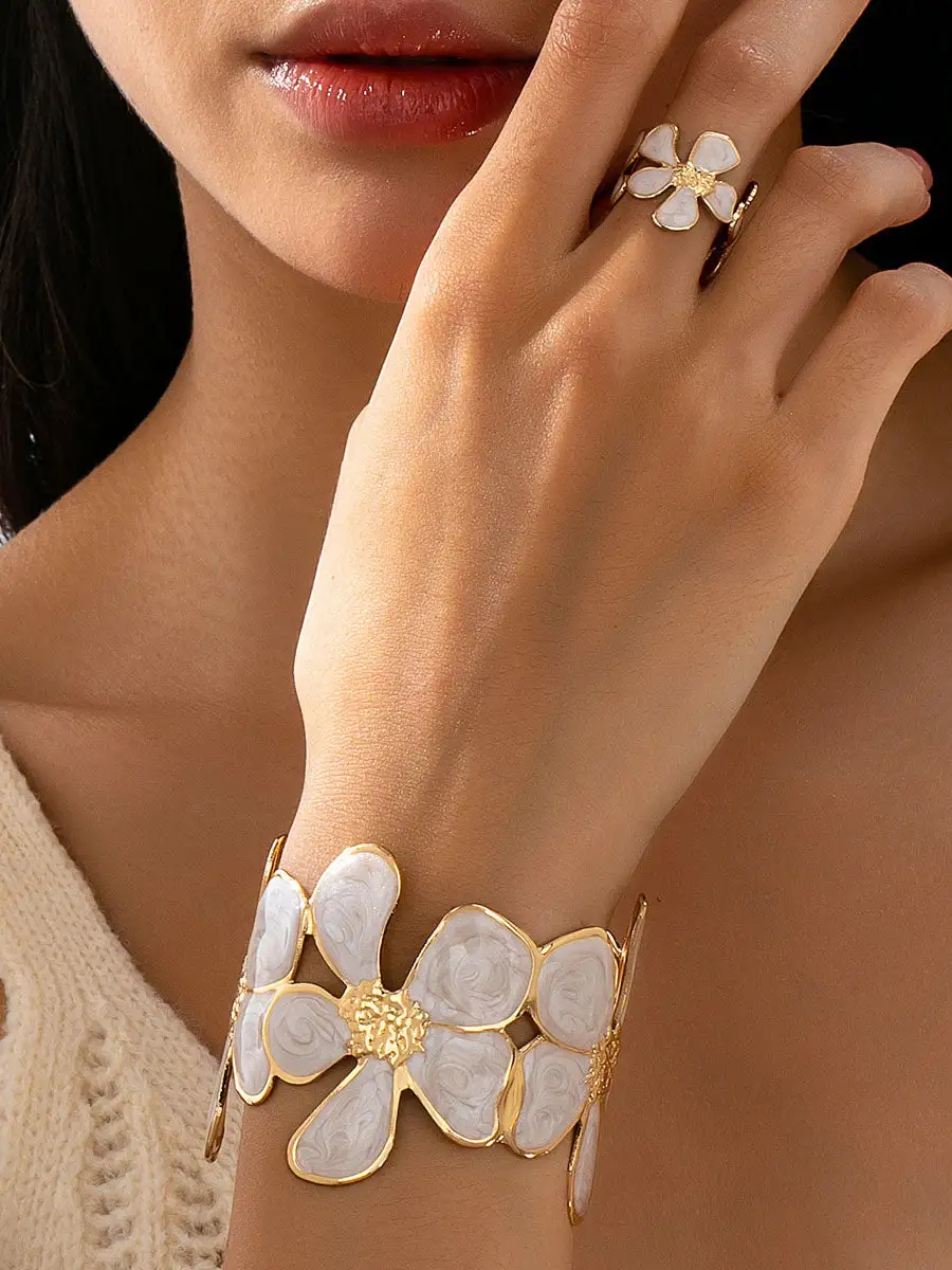 Floral Bracelet And Alloy Bracelet And Ring Set