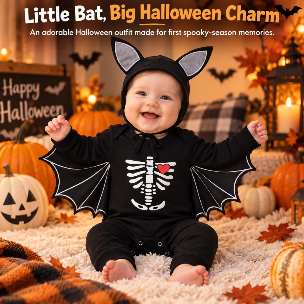 Halloween Skeleton Print Baby Romper Bat Costume Pumpkin Onesie with Hat
