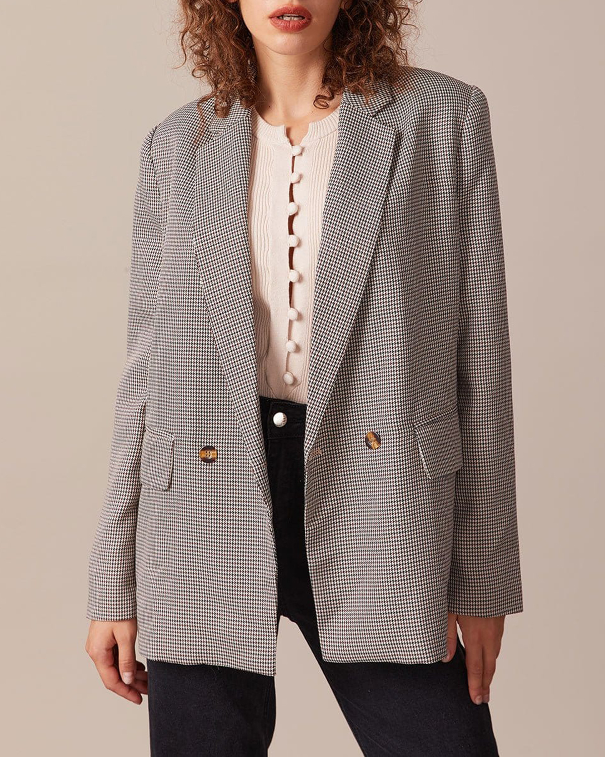 The Coffee Lapel Houndstooth Button Blazer