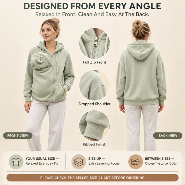 Kangaroo Mom Hoodie Loose Zip-Up Hooded Sweatshirt Mom Babywearing Warm Jacket