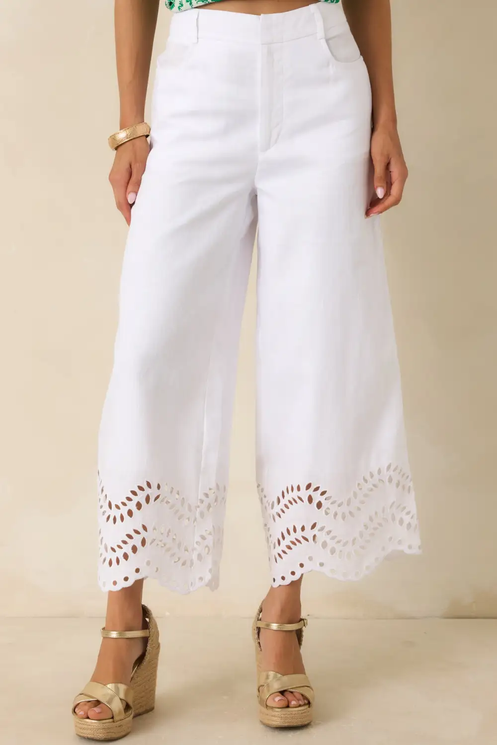 Linen Embroidered Eyelet Wide Leg Pants