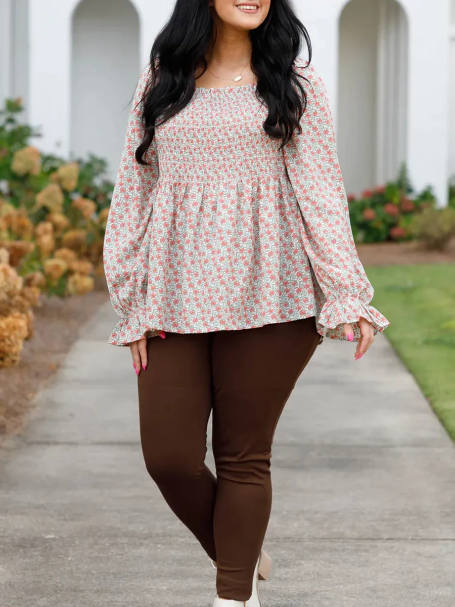 Pleated Square Neck Lantern Sleeve Shirt