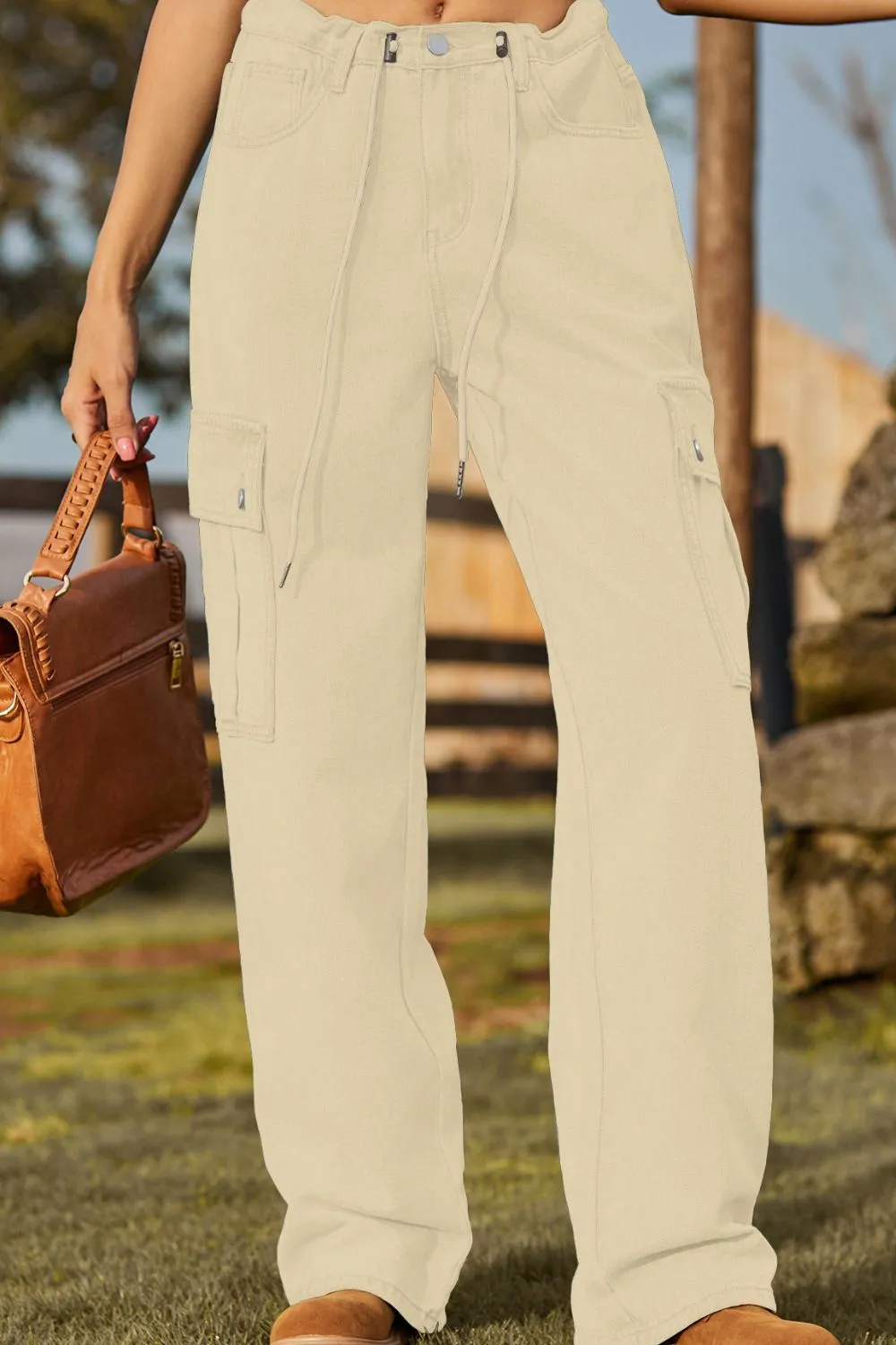 Loose Fit Drawstring Jeans With Pocket