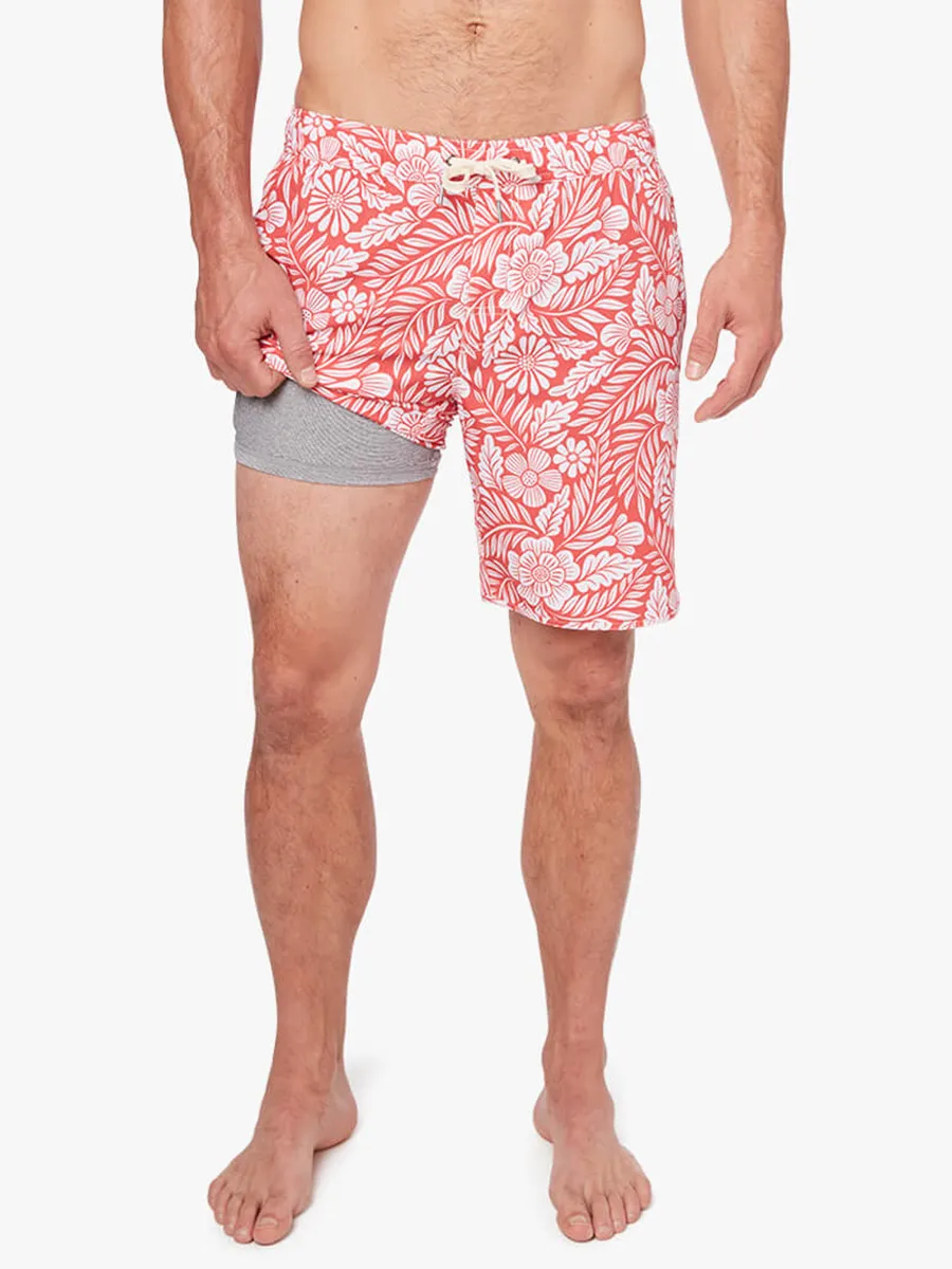 Men's Red Hawaiian Floral Beach Shorts