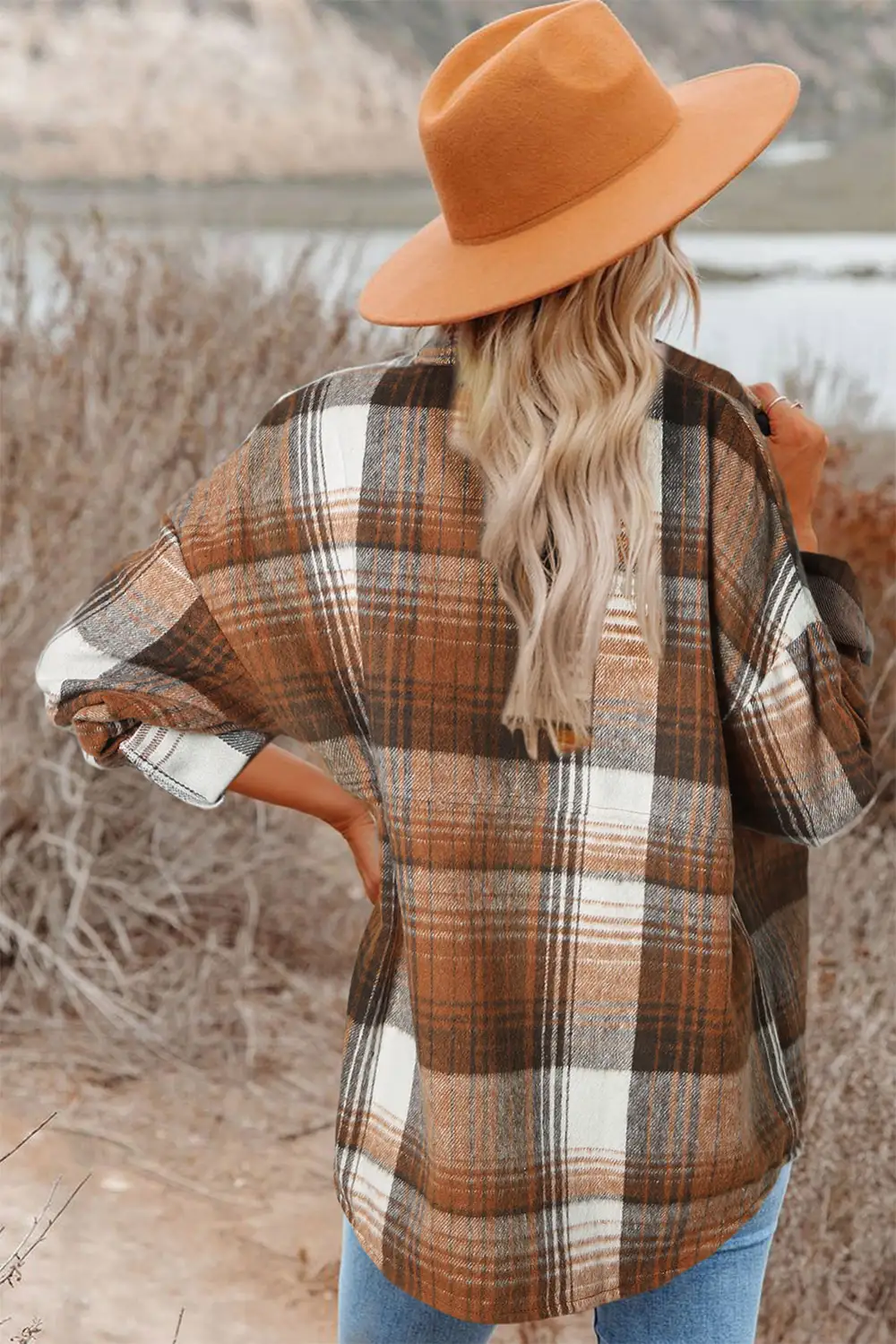 Textured Plaid Pocket Flap Pocket Shacket