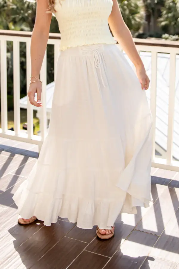 Travel Mid Rise Elastic Waist Drawstring Maxi Skirt