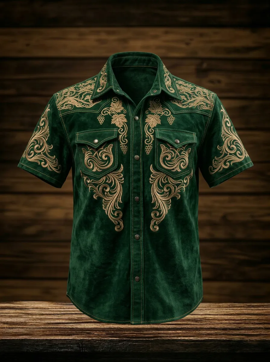 Men's Western Style Floral Embroidery Printed Shirt