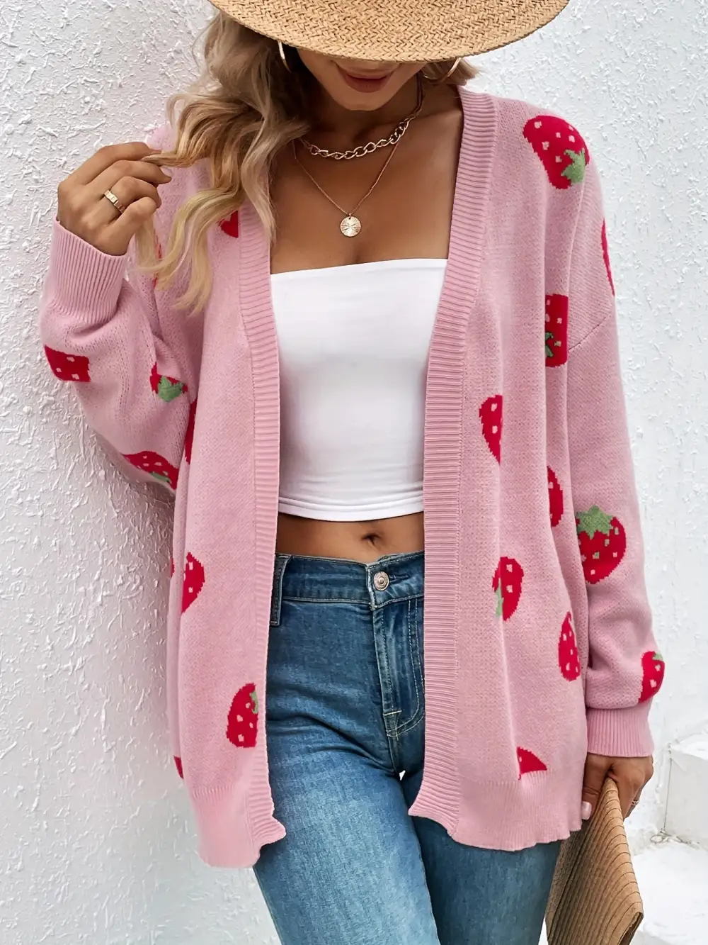 Strawberry Cardigan: Spring/Fall Style (Open Front, Long Sleeves)