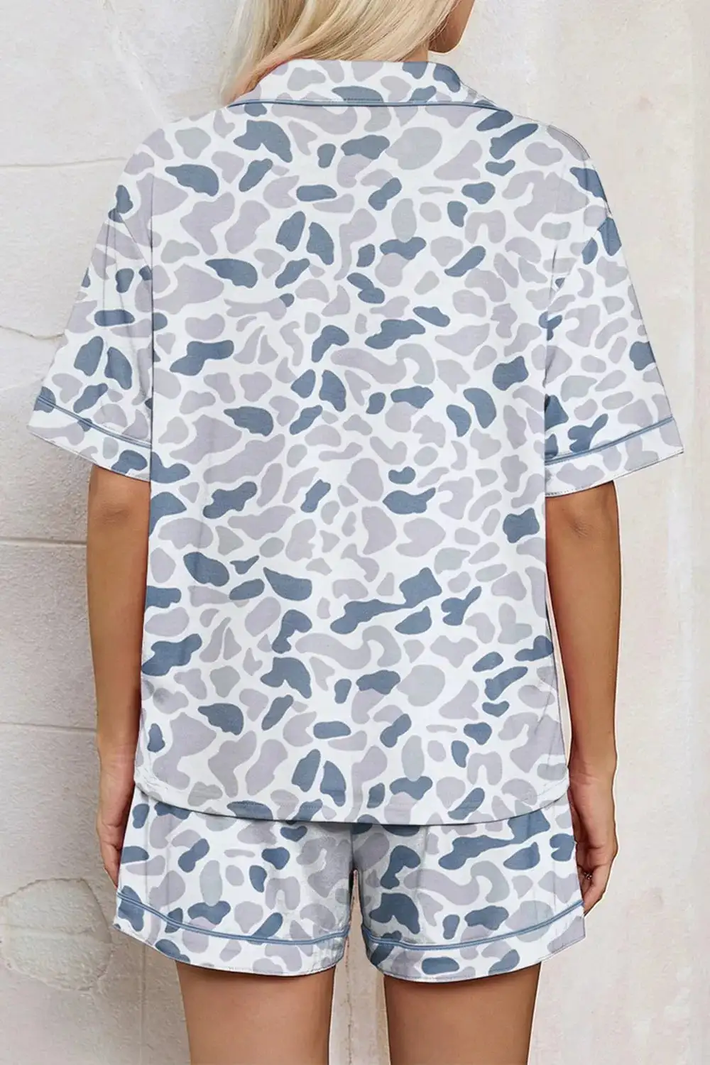 Camouflage Print Lapel Shirt Drawstring Pcs Short Pajama Set
