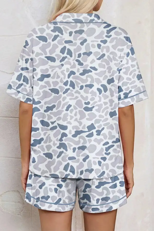 Camouflage Print Lapel Shirt Drawstring Pcs Short Pajama Set