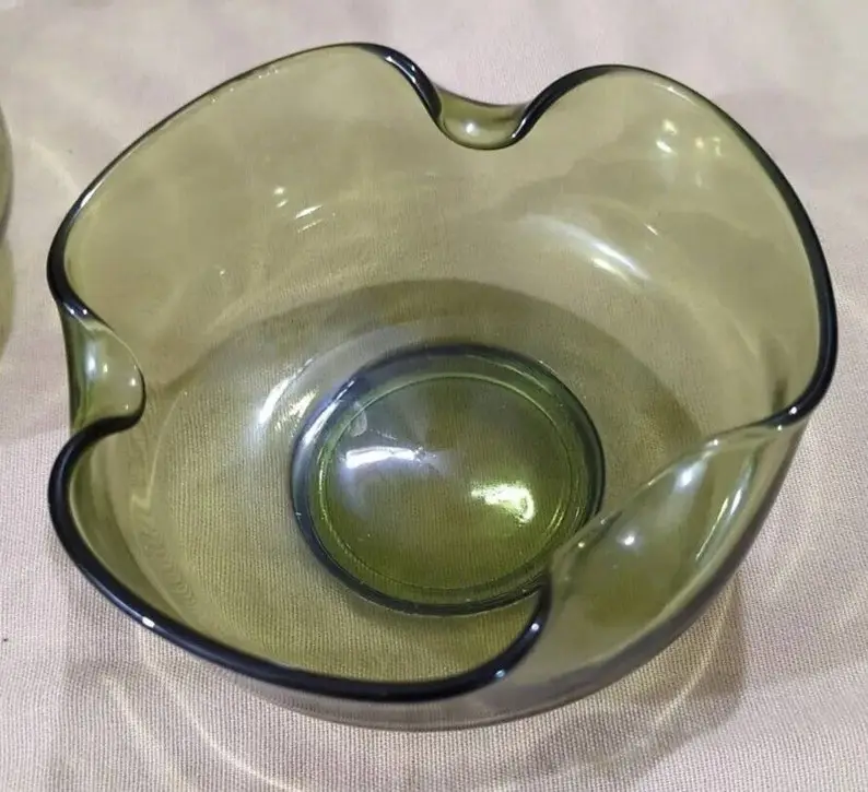 Vintage MCM Anchor Hocking Avocado Green Folded Glass Chip & Dip Set Of 3 EUC JD