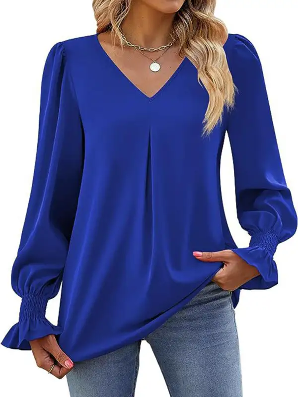 Pleated Chiffon V-Neck Blouse