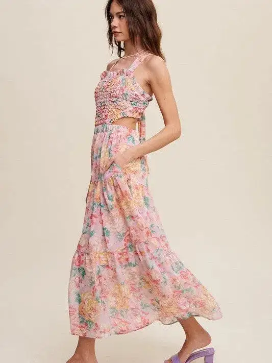 Romance is in the Air Textured Pink Floral Cutout Midi Dress