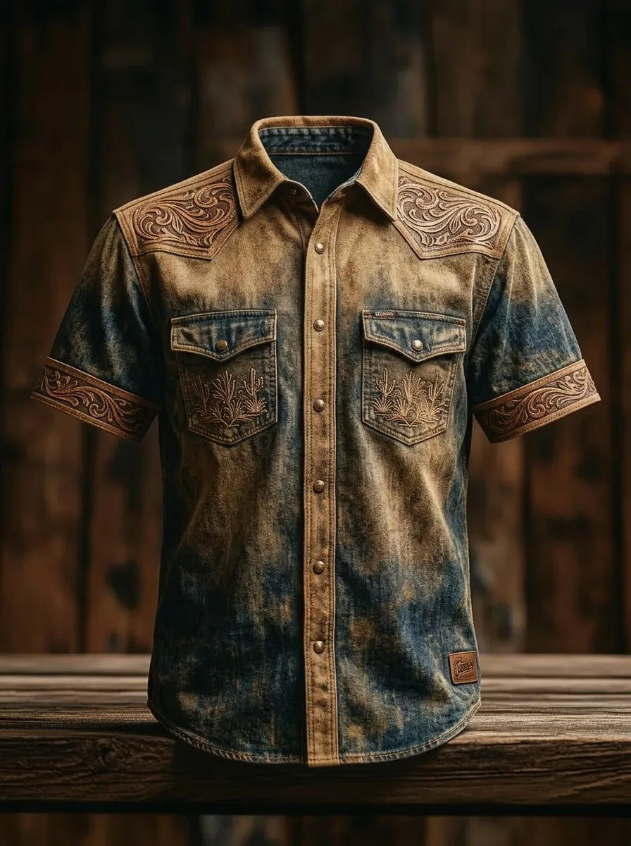 Men's Western Cowboy Floral Tooled Leather Printed Shirt