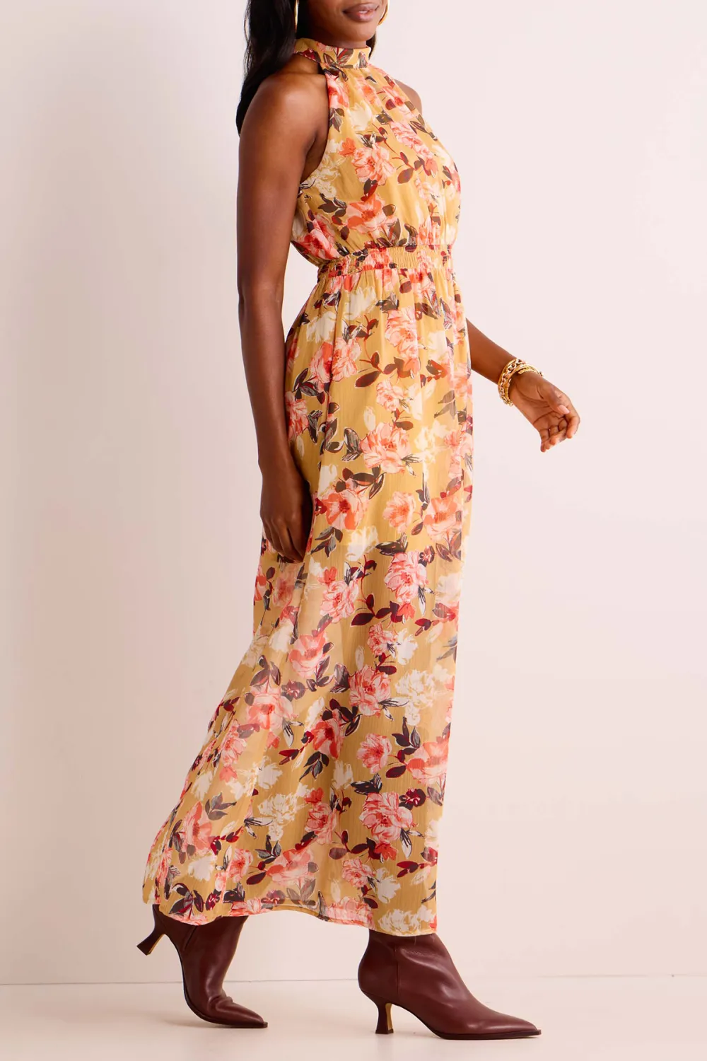 Yellow Floral Print Halter Neck Dress
