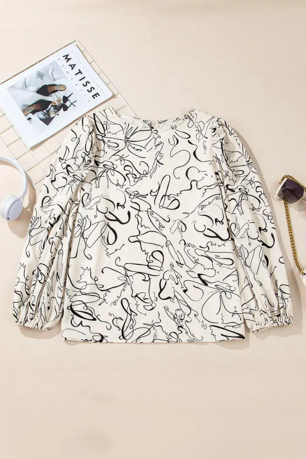 Abstract Print Crew Neck Puff Sleeve Blouse