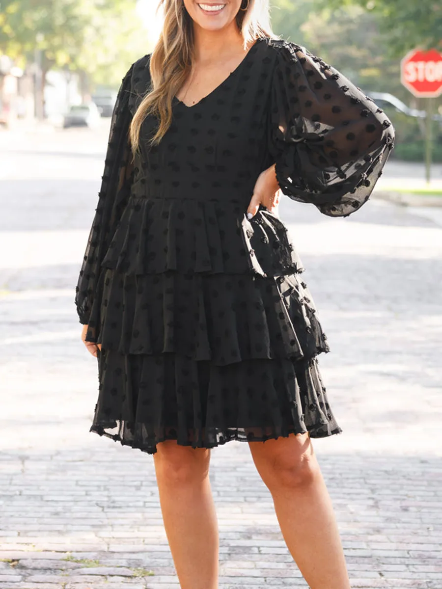 V-Neck Layered Ruffled Loose Fitting Dress