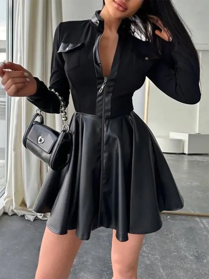 Casual Long-sleeve Leather Panel Dress
