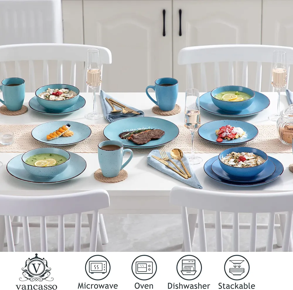 vancasso Navia Ceramic Dinnerware Set, 48 pieces Set of 12 Stoneware Spray Spot Patterned Service Dish with Dinner Plates, Salad Plates, Bowls, Mugs - Grey