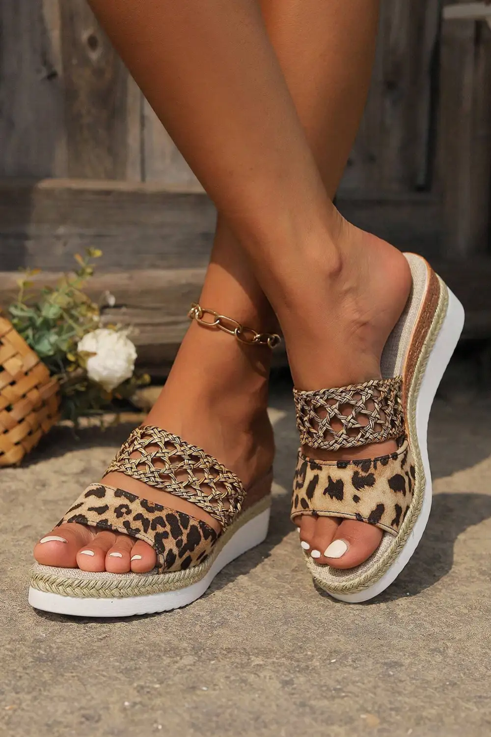 Leopard Print Braided Details Wedge Slide Slippers