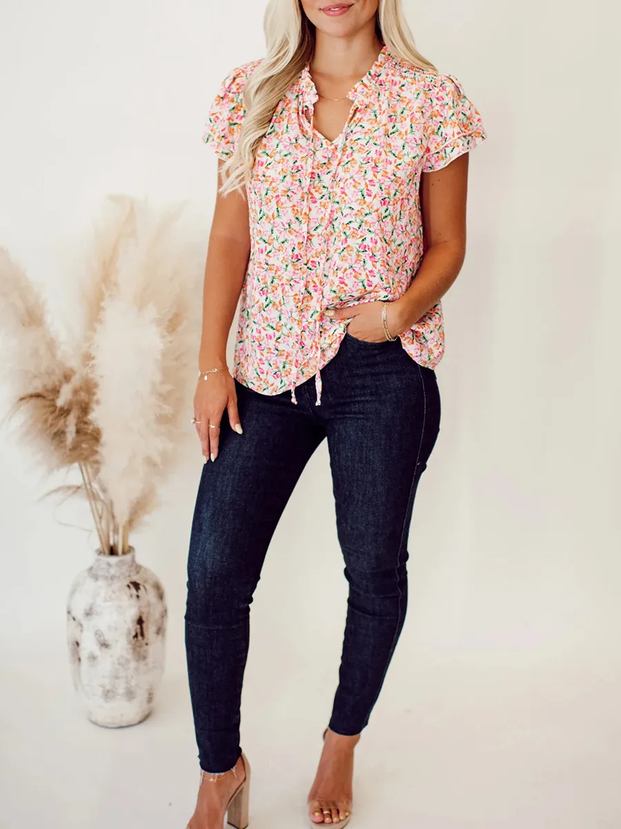 Flower pattern tie up layered short sleeved top