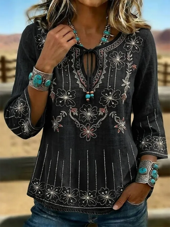 Women's Vintage Western Floral Print Slim Fit Top