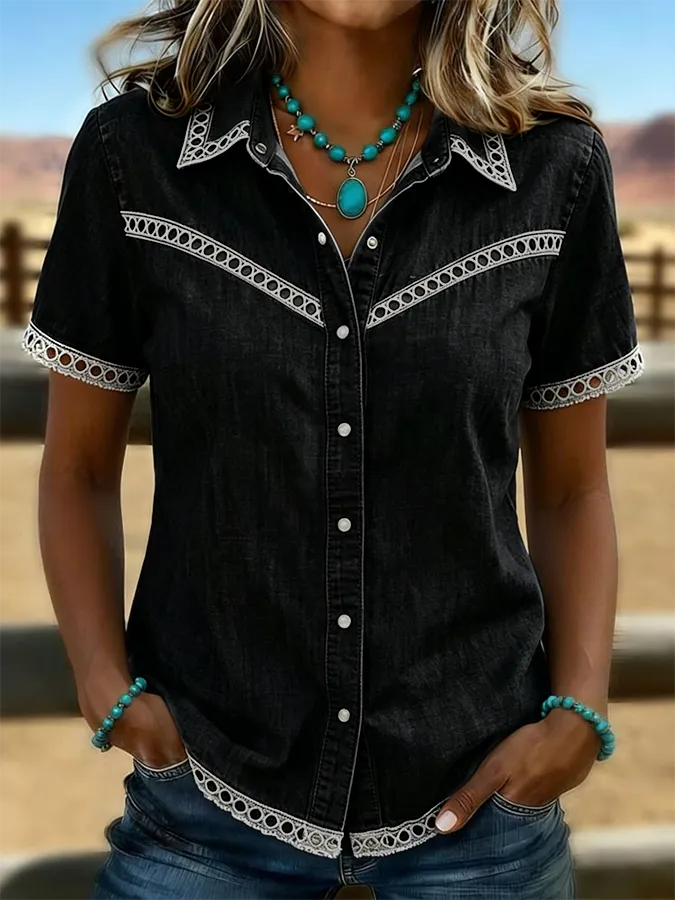 Women's Western Style Retro Solid Color Casual Hollow Denim Shirt