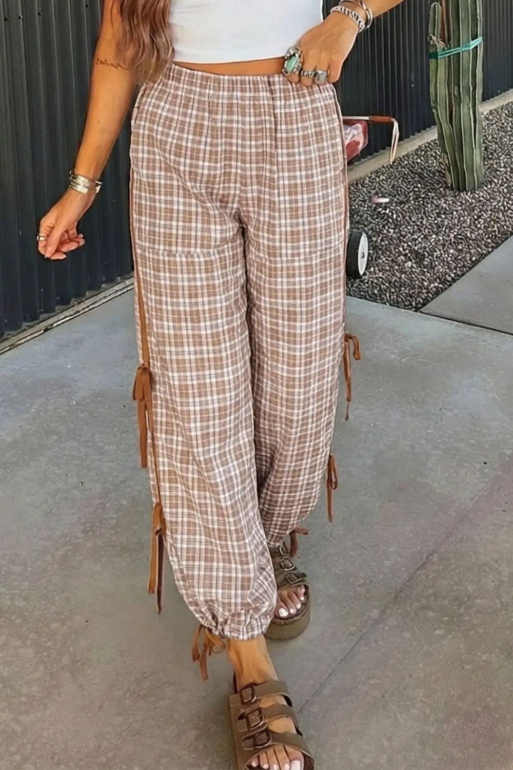 Plaid Elastic Waist High Waist Bow Pants