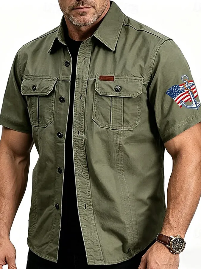 Men's American Flag Anchor Print Fixture Short Sleeve Shirt