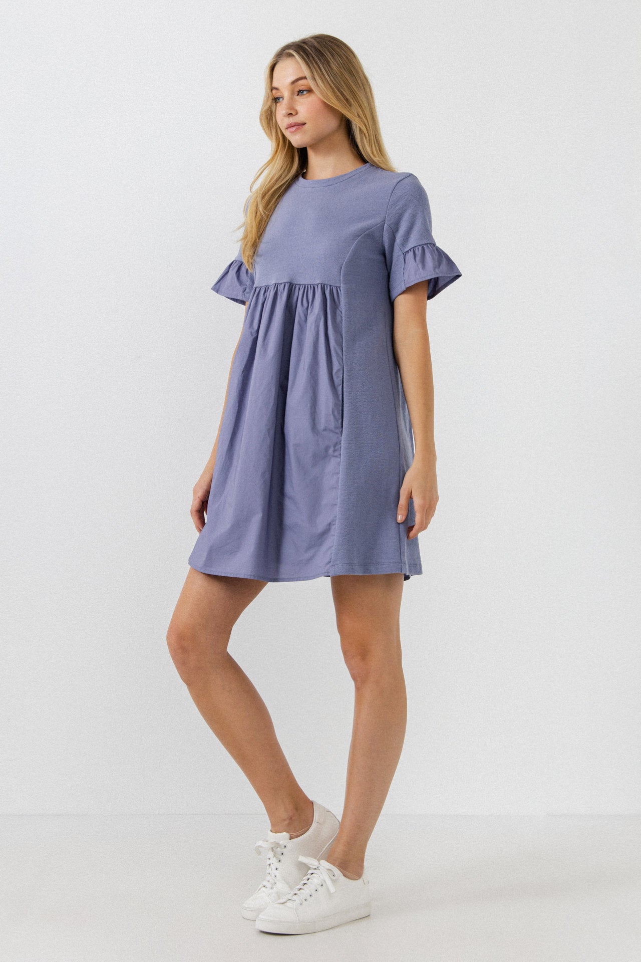 Mixed Media Short-Sleeve Mini Dress