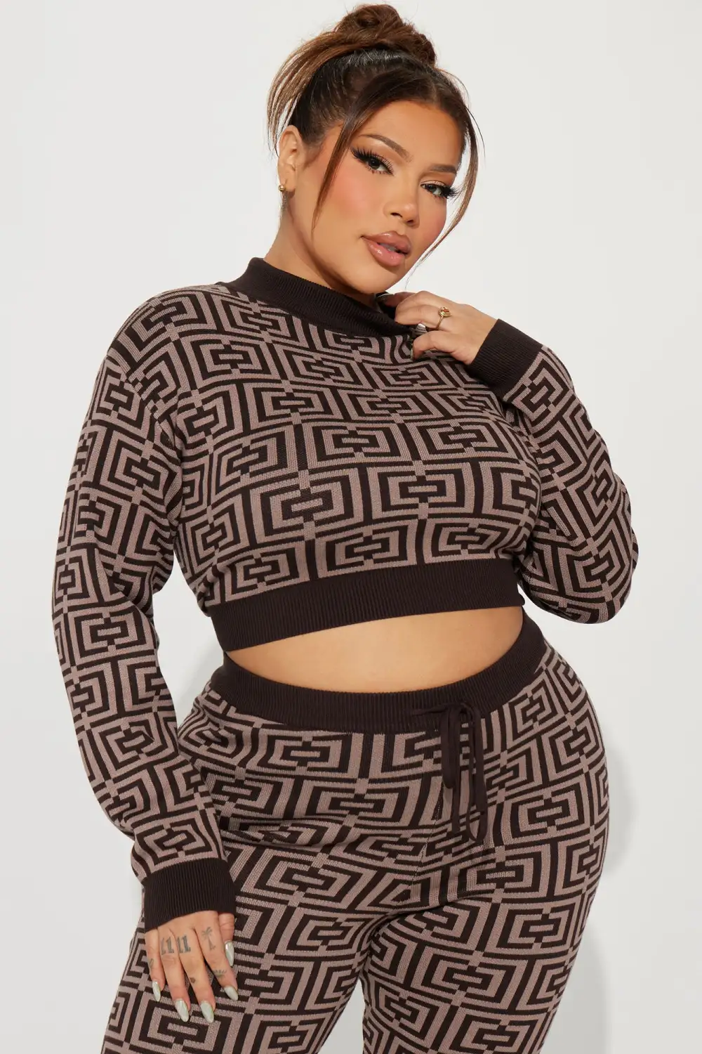 In A Spiral Sweater Pant Set - Brown