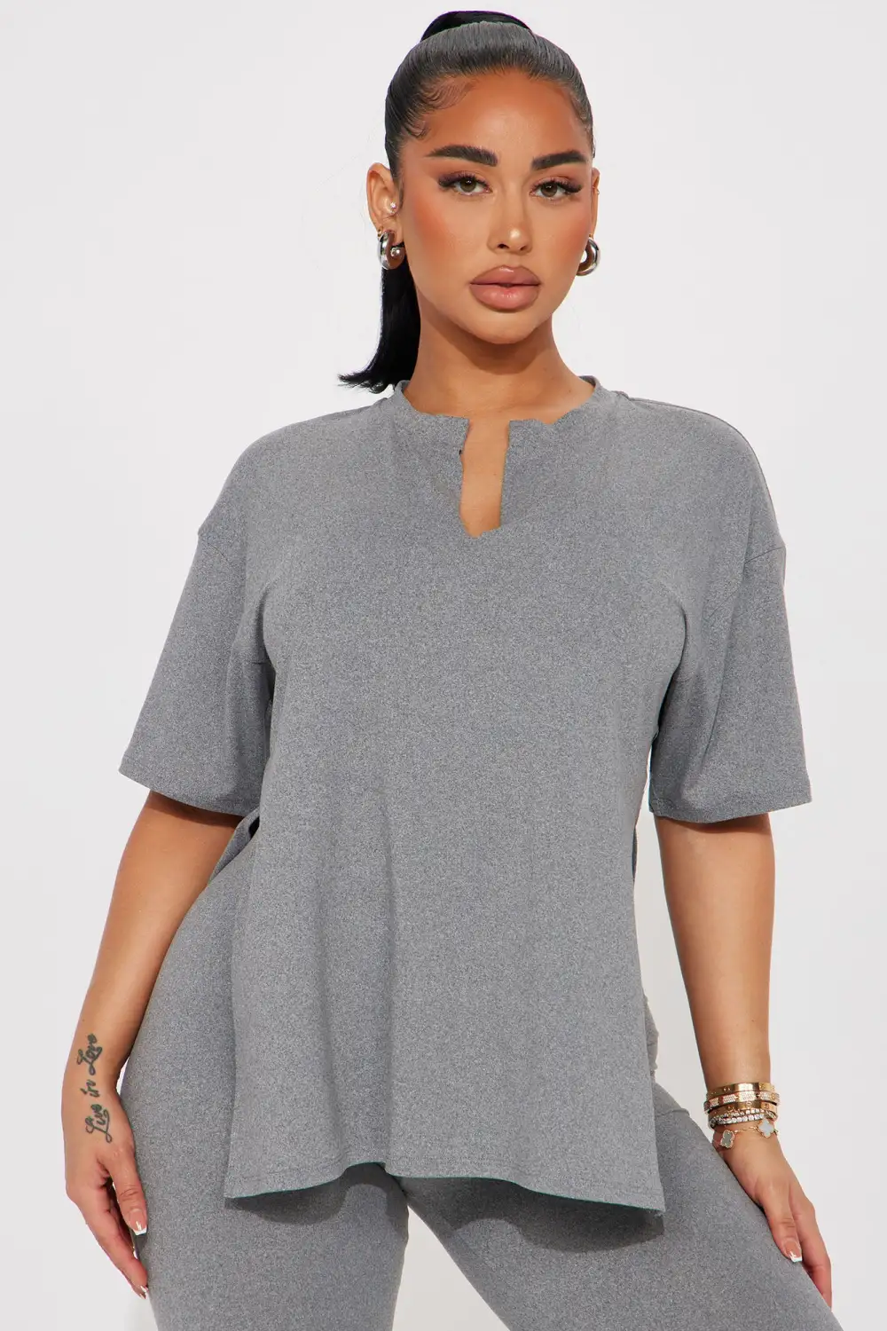 Lets Chill Together Short Sleeve Legging Set - Heather Grey